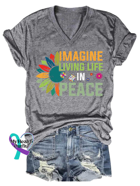 Women’s IMAGINE LIVING LIFE IN PEACE Peace Sign V-neck Casual T-Shirt Grey / S