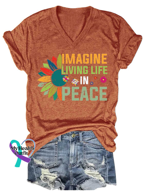Women’s IMAGINE LIVING LIFE IN PEACE Peace Sign V-neck Casual T-Shirt Orange / S