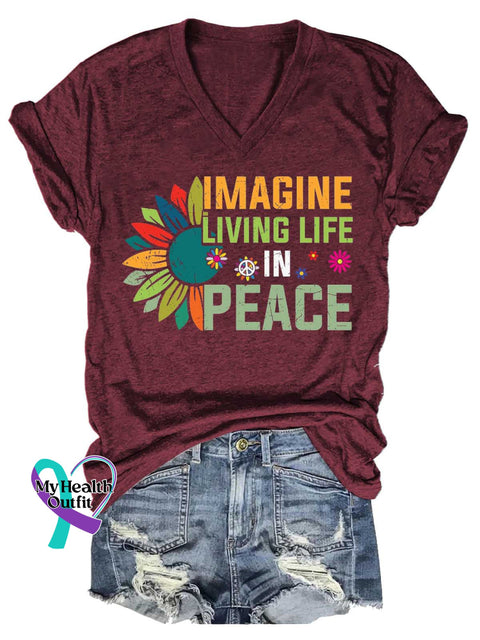 Women’s IMAGINE LIVING LIFE IN PEACE Peace Sign V-neck Casual T-Shirt Red / S
