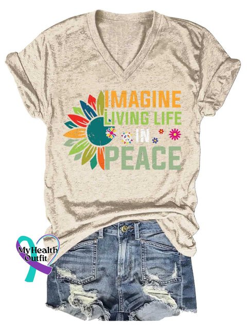 Women’s IMAGINE LIVING LIFE IN PEACE Peace Sign V-neck Casual T-Shirt Sand / S