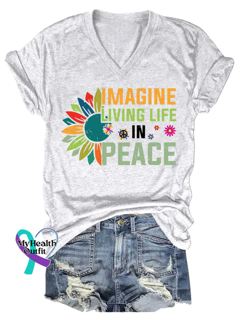 Women’s IMAGINE LIVING LIFE IN PEACE Peace Sign V-neck Casual T-Shirt White / S
