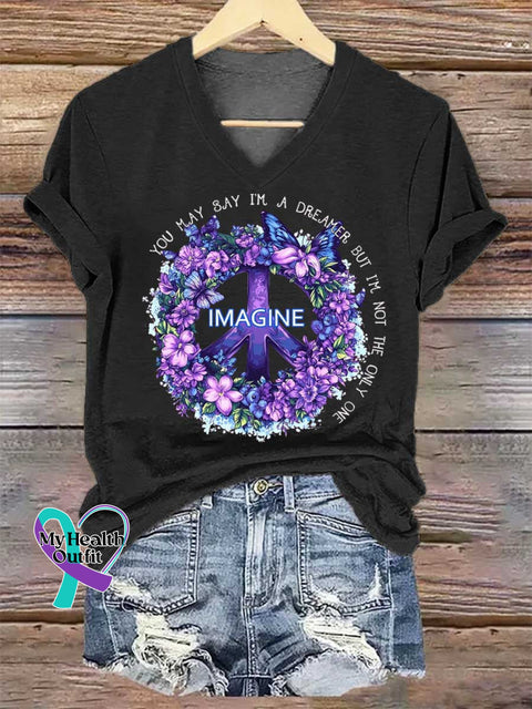 Women’s Imagine Peace Sign Floral V-neck Casual T-Shirt Black / S
