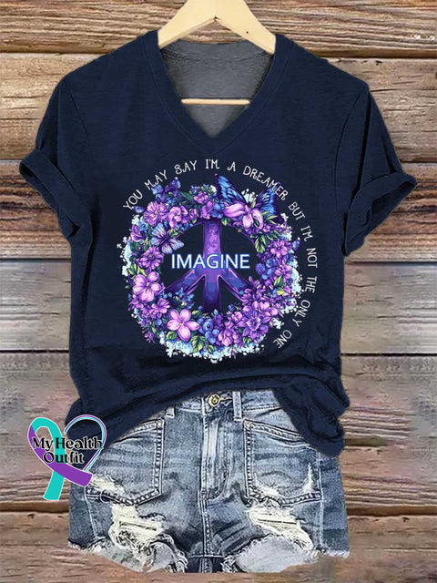 Women’s Imagine Peace Sign Floral V-neck Casual T-Shirt Blue / S