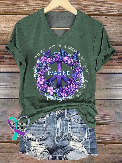 Women’s Imagine Peace Sign Floral V-neck Casual T-Shirt Green / S