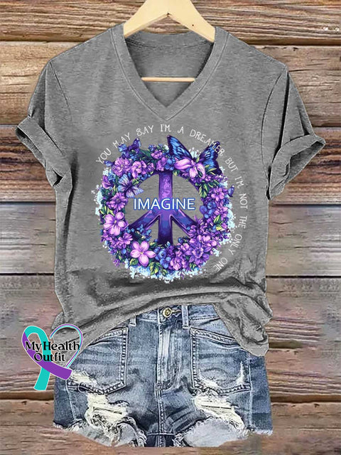Women’s Imagine Peace Sign Floral V-neck Casual T-Shirt Grey / S