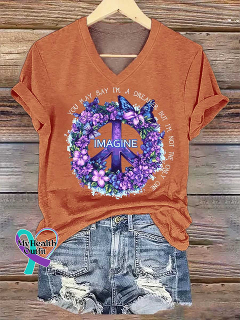 Women’s Imagine Peace Sign Floral V-neck Casual T-Shirt Orange / S