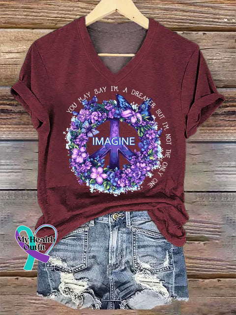Women’s Imagine Peace Sign Floral V-neck Casual T-Shirt Red / S