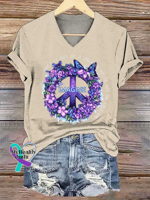 Women’s Imagine Peace Sign Floral V-neck Casual T-Shirt Sand / S