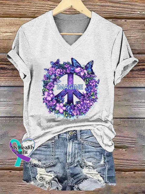 Women’s Imagine Peace Sign Floral V-neck Casual T-Shirt White / S