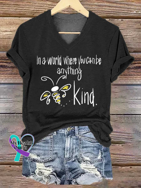 Women’s In A World Where You Can Be Anything Bee Kind V-neck Casual T-Shirt Black / S