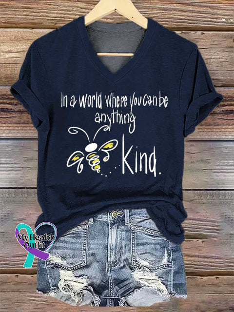 Women’s In A World Where You Can Be Anything Bee Kind V-neck Casual T-Shirt Blue / S