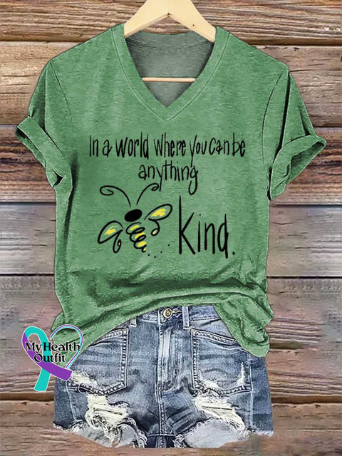 Women’s In A World Where You Can Be Anything Bee Kind V-neck Casual T-Shirt Green / S