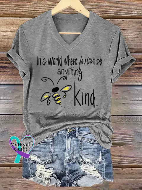 Women’s In A World Where You Can Be Anything Bee Kind V-neck Casual T-Shirt Grey / S