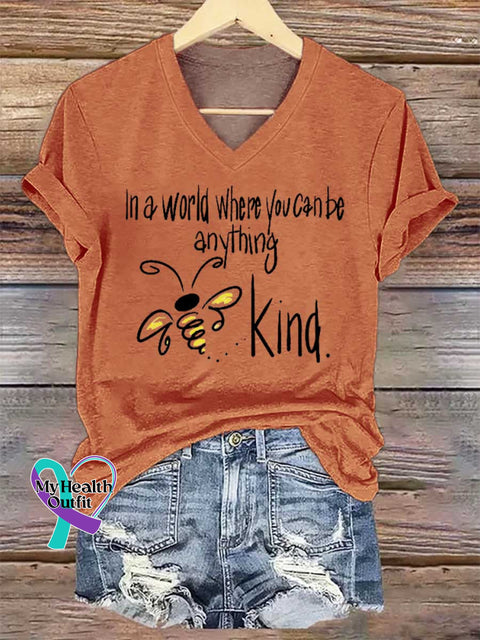 Women’s In A World Where You Can Be Anything Bee Kind V-neck Casual T-Shirt Orange / S