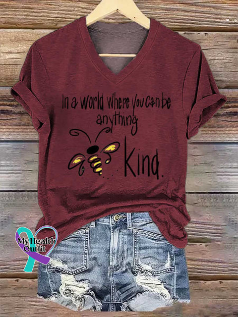 Women’s In A World Where You Can Be Anything Bee Kind V-neck Casual T-Shirt Red / S