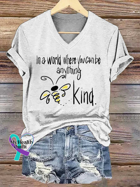 Women’s In A World Where You Can Be Anything Bee Kind V-neck Casual T-Shirt White / S