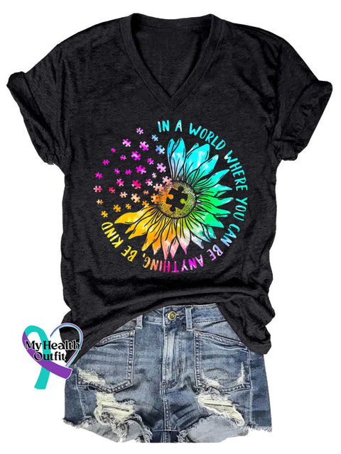 Women’s In A World Where You Can Be Anything Be Kind Autism Awareness V-neck Casual T-Shirt Black / S