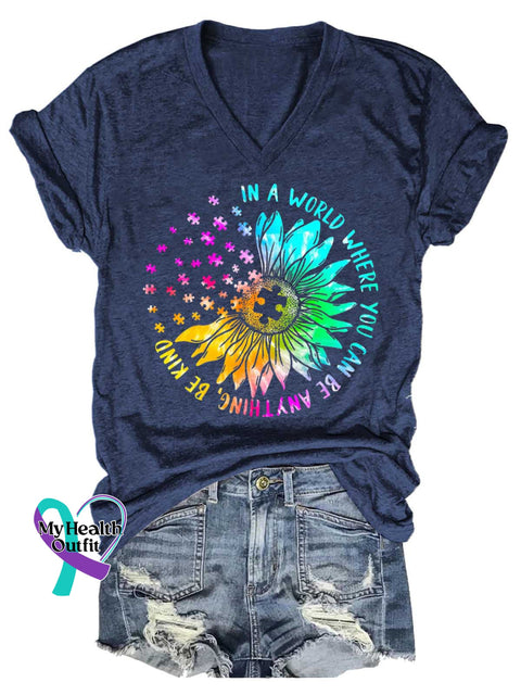 Women’s In A World Where You Can Be Anything Be Kind Autism Awareness V-neck Casual T-Shirt Blue / S