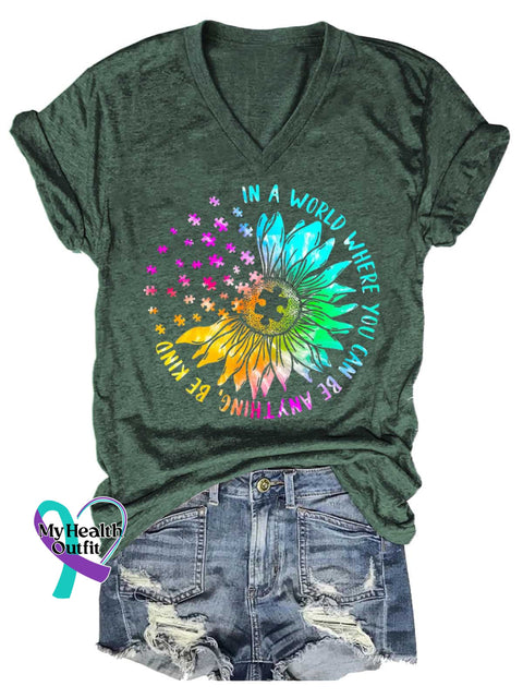 Women’s In A World Where You Can Be Anything Be Kind Autism Awareness V-neck Casual T-Shirt Green / S