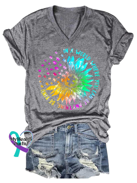 Women’s In A World Where You Can Be Anything Be Kind Autism Awareness V-neck Casual T-Shirt Grey / S