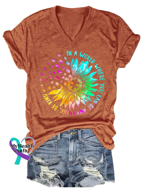 Women’s In A World Where You Can Be Anything Be Kind Autism Awareness V-neck Casual T-Shirt Orange / S