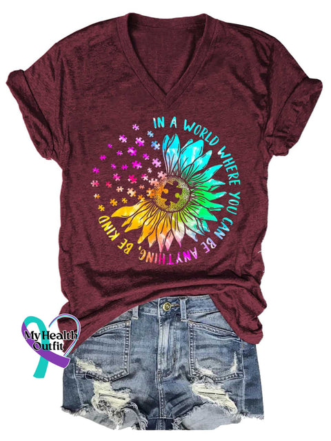 Women’s In A World Where You Can Be Anything Be Kind Autism Awareness V-neck Casual T-Shirt Red / S