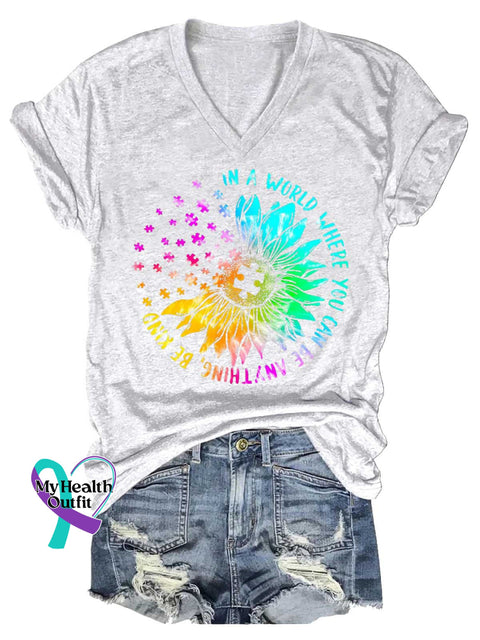Women’s In A World Where You Can Be Anything Be Kind Autism Awareness V-neck Casual T-Shirt White / S
