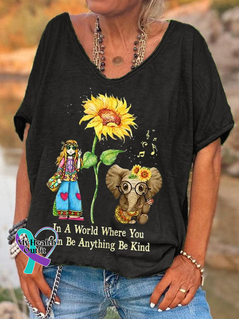 Women’s In A World Where You Can Be Anything Kind Hippie Casual V-Neck Tee Black / S