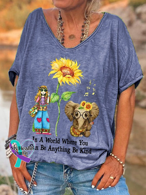 Women’s In A World Where You Can Be Anything Kind Hippie Casual V-Neck Tee Blue / S