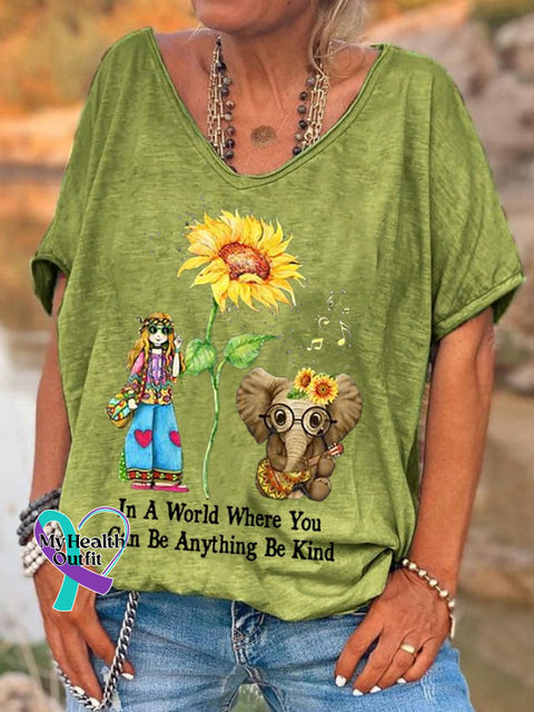 Women’s In A World Where You Can Be Anything Kind Hippie Casual V-Neck Tee Green / S