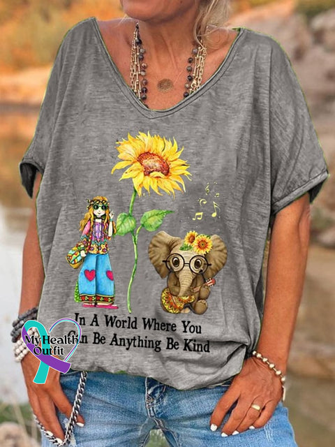 Women’s In A World Where You Can Be Anything Kind Hippie Casual V-Neck Tee Grey / S