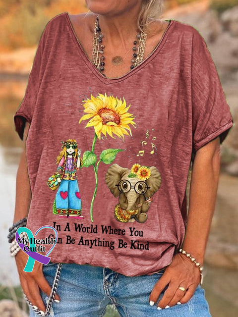 Women’s In A World Where You Can Be Anything Kind Hippie Casual V-Neck Tee Red / S