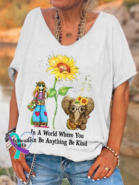 Women’s In A World Where You Can Be Anything Kind Hippie Casual V-Neck Tee White / S