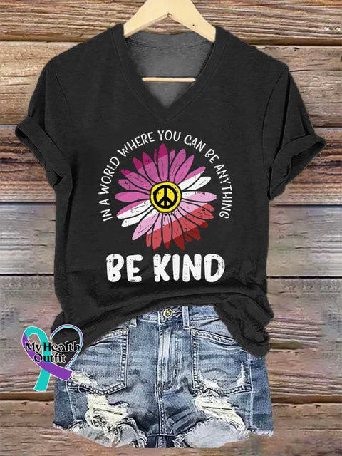 Women’s In A World Where You Can Be Anything Be Kind Print V-neck Casual T-Shirt Blue / S