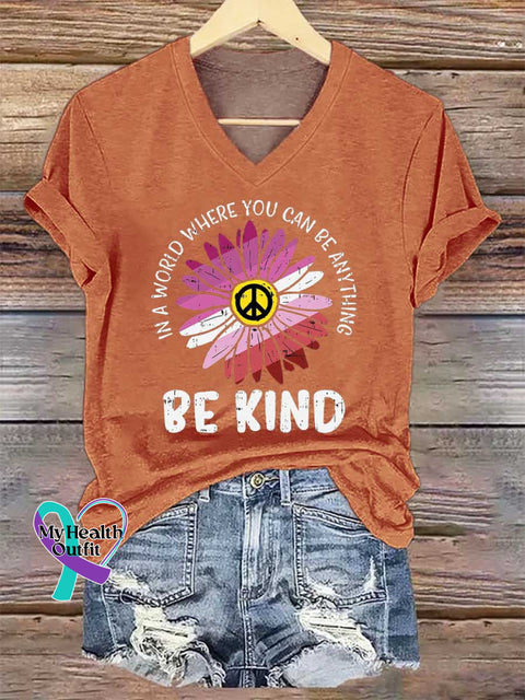 Women’s In A World Where You Can Be Anything Be Kind Print V-neck Casual T-Shirt Orange / S