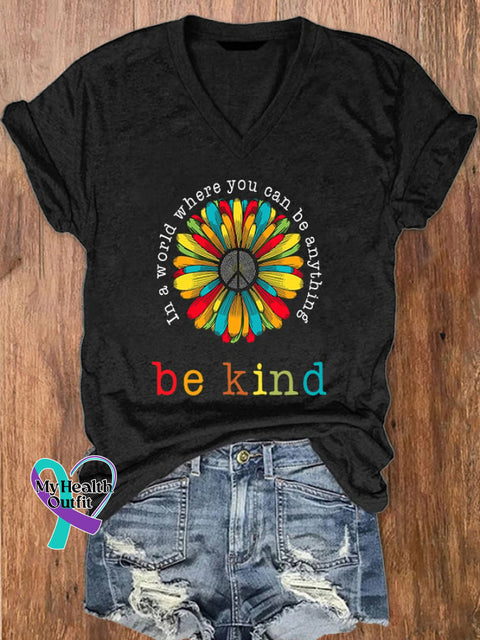 Women’s In A World Where You Can Be Anything Kind Print V-Neck T-Shirt Black / S