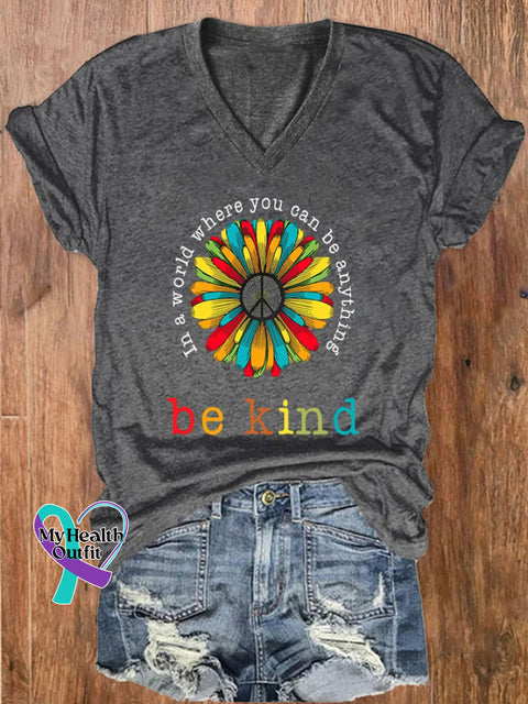 Women’s In A World Where You Can Be Anything Kind Print V-Neck T-Shirt Dark Grey / S