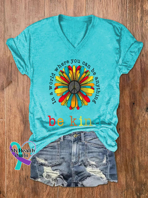 Women’s In A World Where You Can Be Anything Kind Print V-Neck T-Shirt Teal / S