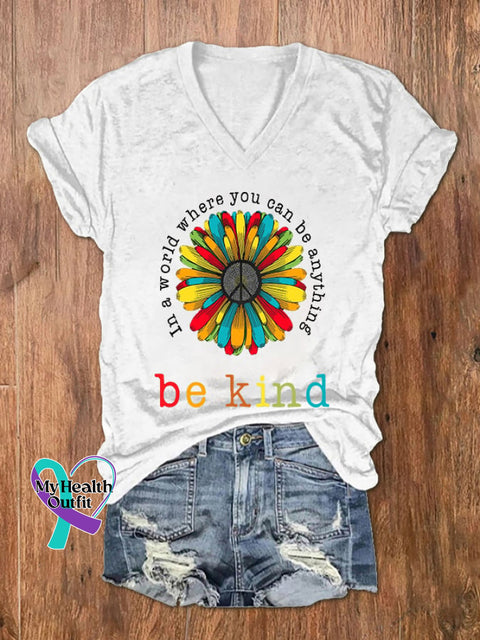 Women’s In A World Where You Can Be Anything Kind Print V-Neck T-Shirt White / S