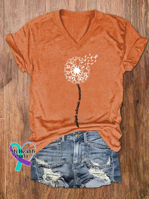 Women’s In March We Wear Orange Dandelion M.s Awareness Printed V-Neck T-Shirt / S