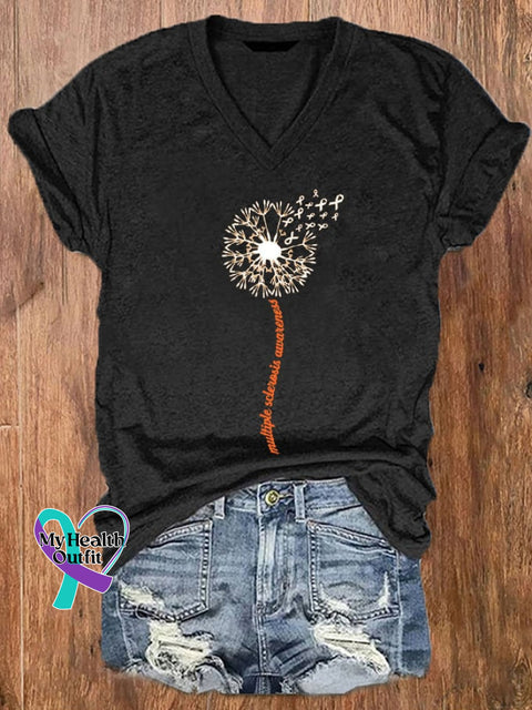 Women’s In March We Wear Orange Dandelion M.s Awareness Printed V-Neck T-Shirt Black / S