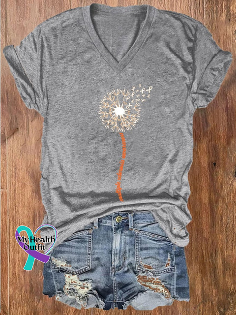 Women’s In March We Wear Orange Dandelion M.s Awareness Printed V-Neck T-Shirt Light Grey / S