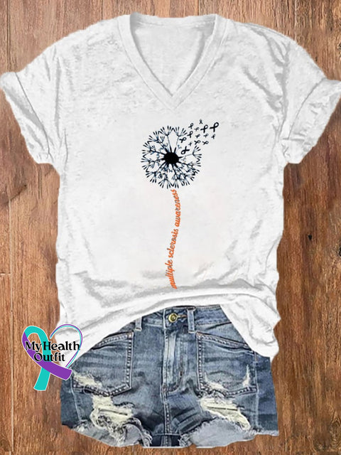Women’s In March We Wear Orange Dandelion M.s Awareness Printed V-Neck T-Shirt White / S
