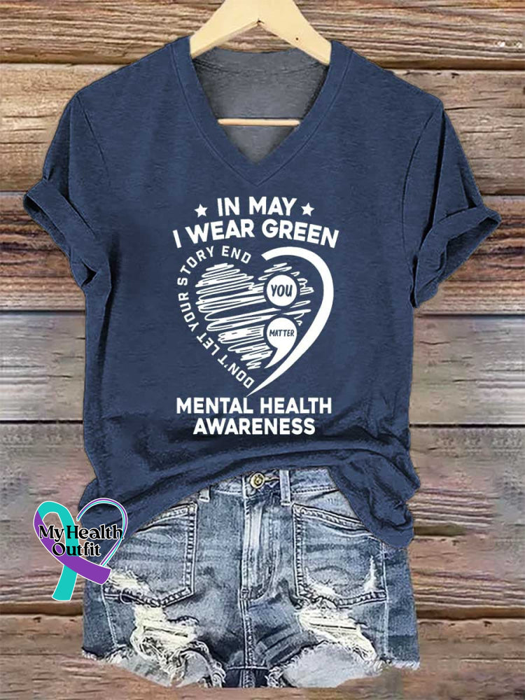 Women’s IN MAY I WEAR GREEN You Matter Heart Green Ribbon Mental Health Awareness V-neck Casual T-Shirt Blue / S