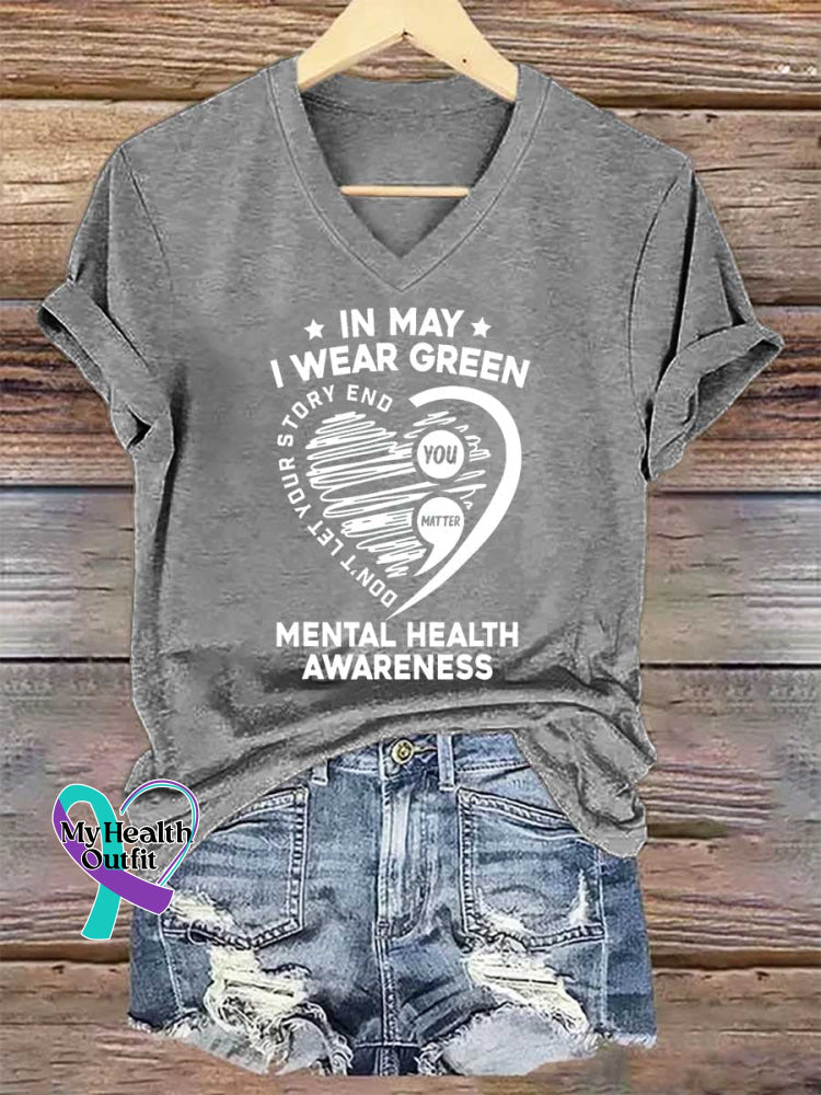 Women’s IN MAY I WEAR GREEN You Matter Heart Green Ribbon Mental Health Awareness V-neck Casual T-Shirt Grey / S