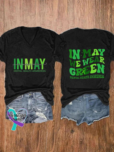 Women’s In May We Wear Green Mental Health Awareness V-Neck Printed T-Shirt Black / S