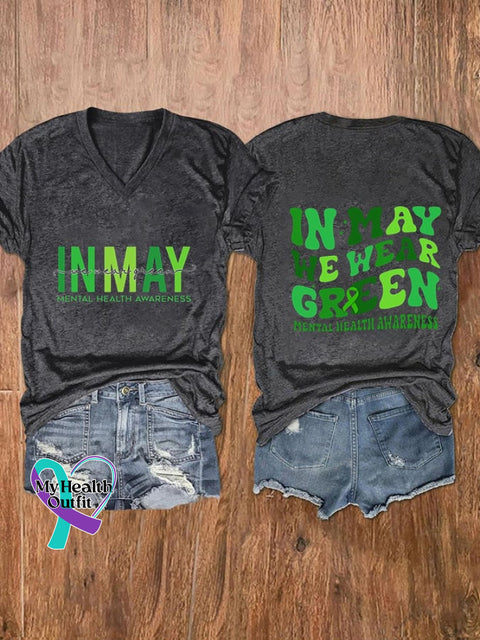 Women’s In May We Wear Green Mental Health Awareness V-Neck Printed T-Shirt Dark Grey / S
