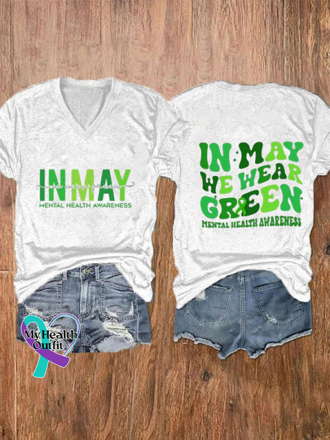 Women’s In May We Wear Green Mental Health Awareness V-Neck Printed T-Shirt White / S