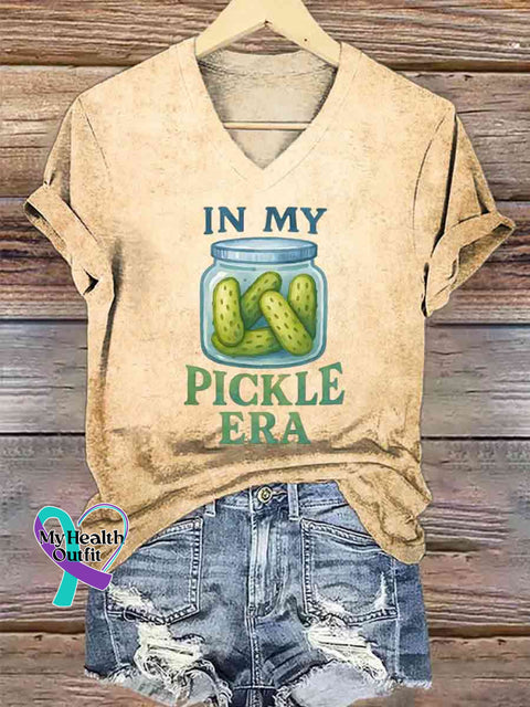 Women’s In My Pickle Era Art V-neck Casual T-Shirt Khaki / S