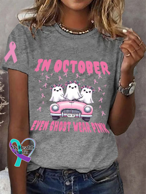 Women’s In October Even Ghost Wear Pink Halloween Boo Breast Cancer Awareness Warrior Tee Light